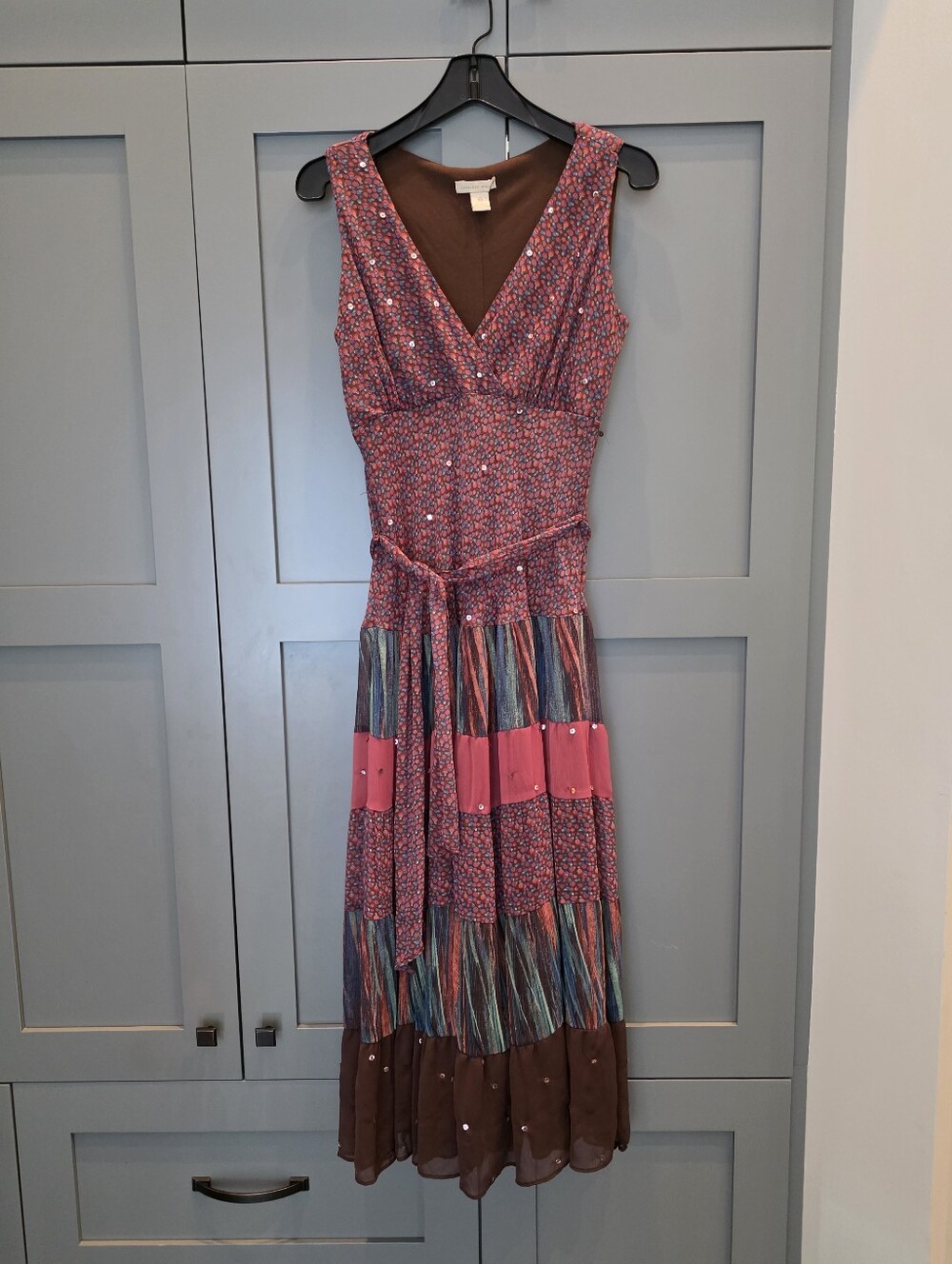 Jonathan Martin Size 12 Midi Dress Prarie Tiered Y2K Empire Waist Patchwork Boho